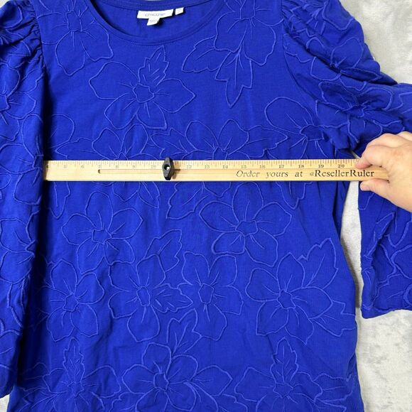 Chicos Top Womens Large Blue Knit Embroidered Floral Puff 3/4 Sleeve Stretch - Picture 7 of 10